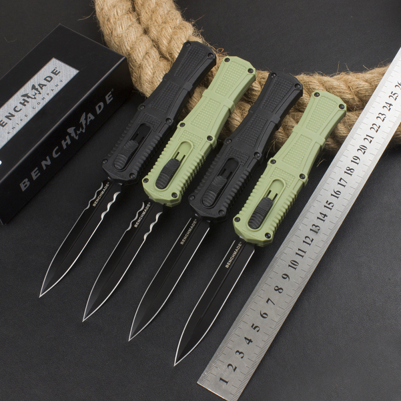 Benchmade 3370GY Claymore OTF AUTO Knife 3.89" CPM-D2 Double Edge Dagger Blade, Black Grivory Handles