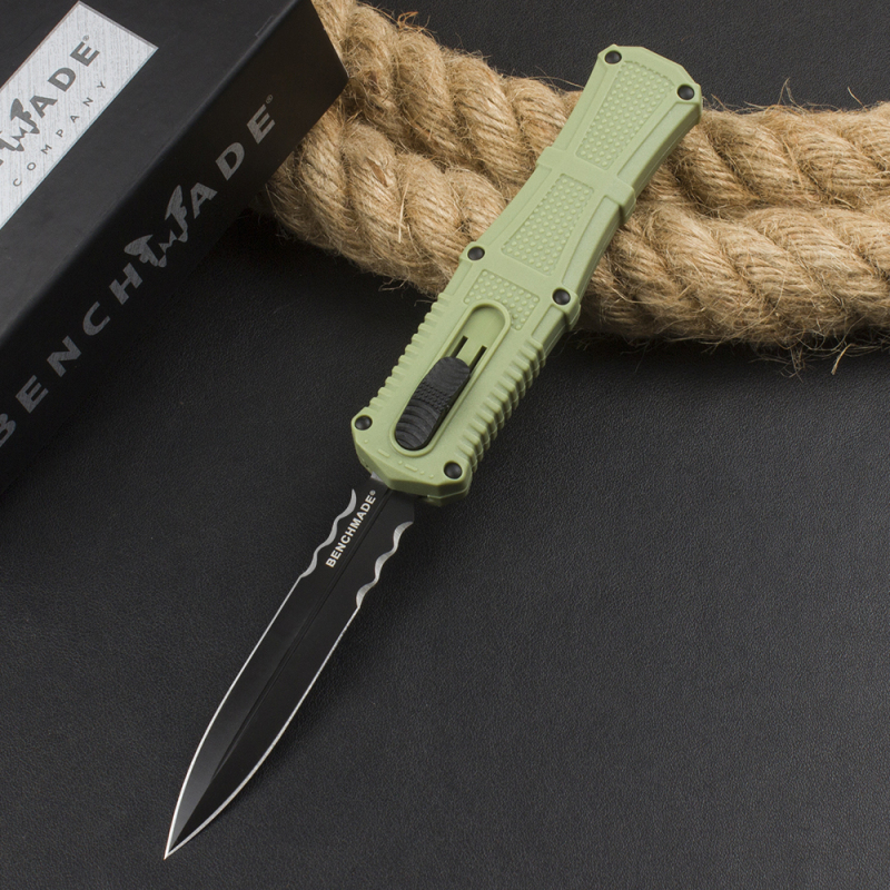 Benchmade 3370GY Claymore OTF AUTO Knife 3.89" CPM-D2 Double Edge Dagger Blade, Black Grivory Handles