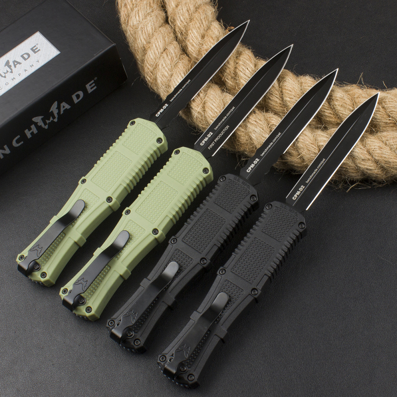 Benchmade 3370GY Claymore OTF AUTO Knife 3.89" CPM-D2 Double Edge Dagger Blade, Black Grivory Handles