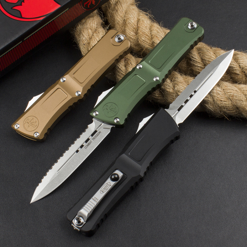 Microtech  Combat Troodon Gen III AUTO OTF Knife 3.85" M390MK Stonewashed Double Edge Dagger Blade, Deep Engraved Aluminum Handles