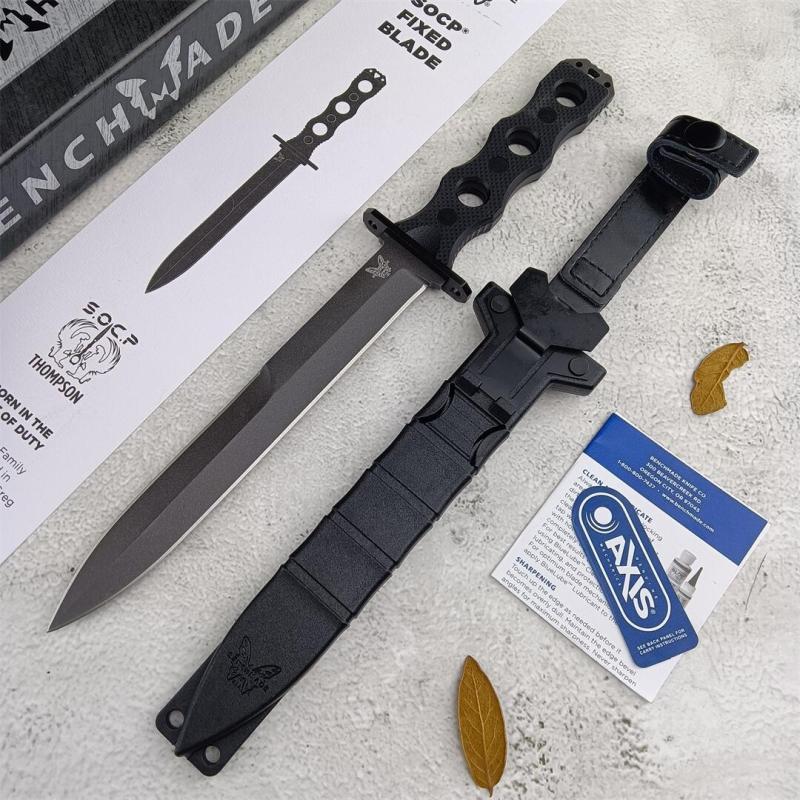 Benchmade 185BK SOCP Fixed Blade Knife 7.08" CPM-3V Black Double Edge Plain Dagger Blade, Black G10 Handles