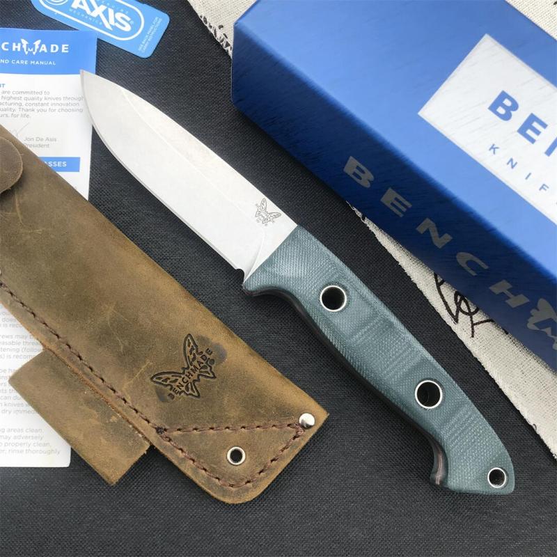 Benchmade Bushcrafter Fixed Blade Knife 4.4" CPM-S30V Satin Drop Point Blade Green G10 Handles Leather Sheath - 162