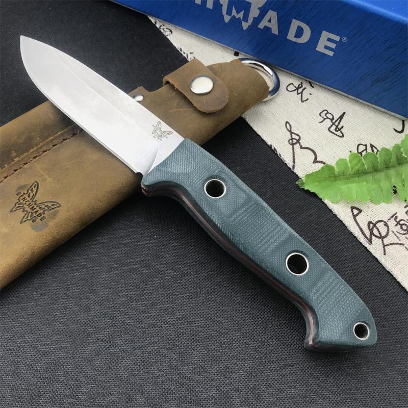 Benchmade Bushcrafter Fixed Blade Knife 4.4" CPM-S30V Satin Drop Point Blade Green G10 Handles Leather Sheath - 162