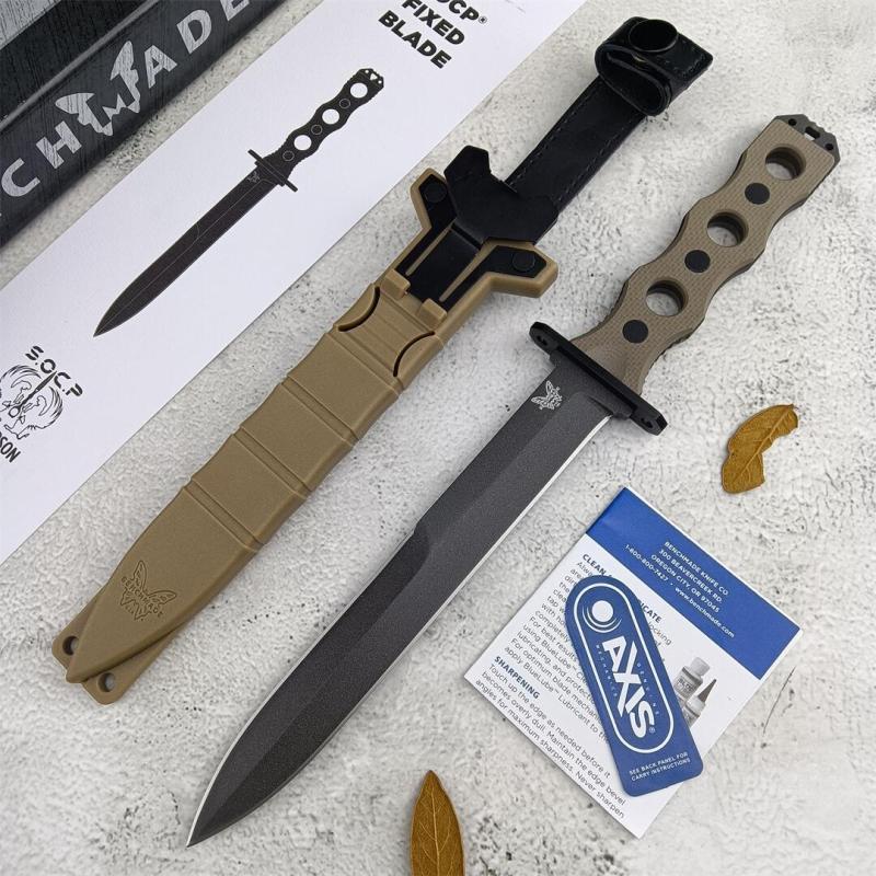 Benchmade 185BK SOCP Fixed Blade Knife 7.08" CPM-3V Black Double Edge Plain Dagger Blade, Black G10 Handles