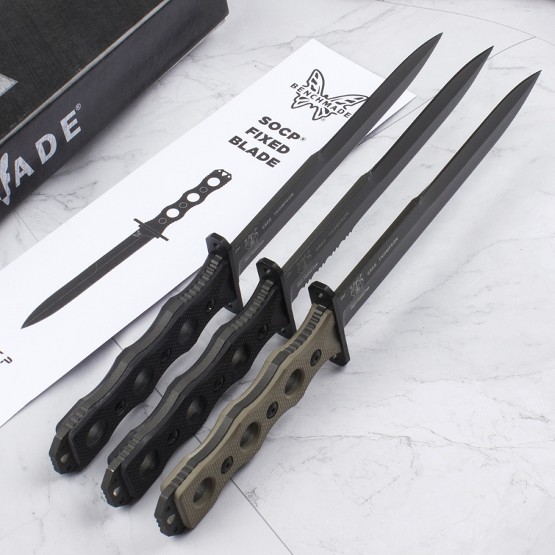 Benchmade 185BK SOCP Fixed Blade Knife 7.08" CPM-3V Black Double Edge Plain Dagger Blade, Black G10 Handles