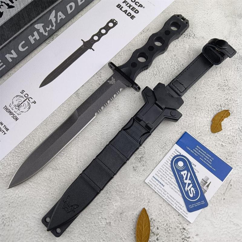 Benchmade 185BK SOCP Fixed Blade Knife 7.08" CPM-3V Black Double Edge Plain Dagger Blade, Black G10 Handles
