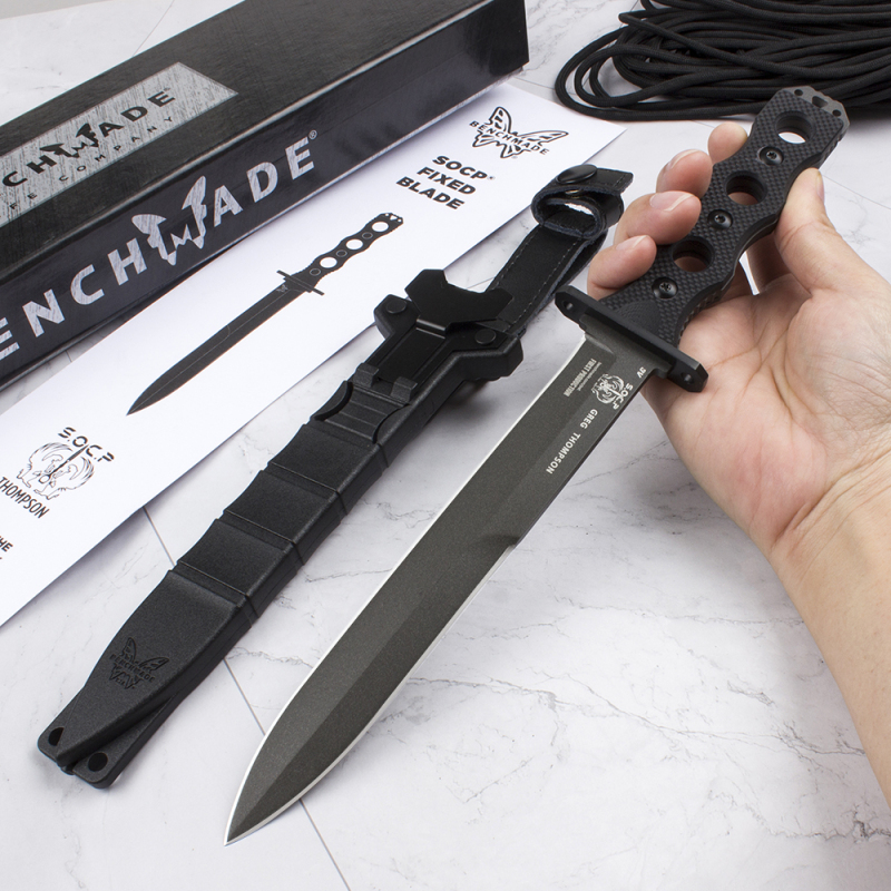 Benchmade 185BK SOCP Fixed Blade Knife 7.08" CPM-3V Black Double Edge Plain Dagger Blade, Black G10 Handles