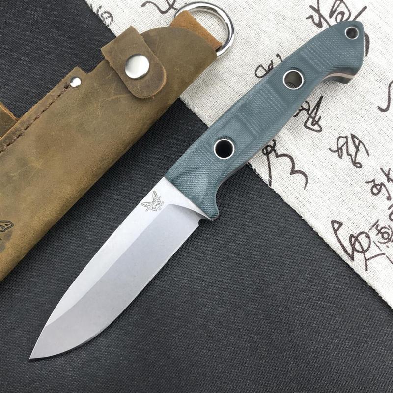 Benchmade Bushcrafter Fixed Blade Knife 4.4" CPM-S30V Satin Drop Point Blade Green G10 Handles Leather Sheath - 162