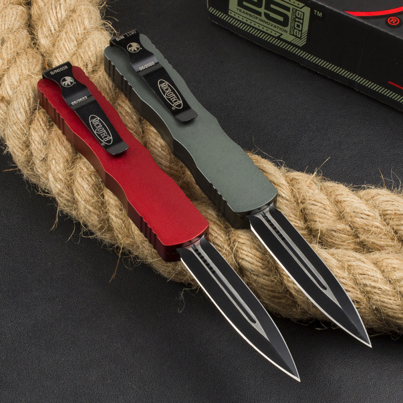 Microtech 225-10 Dirac AUTO OTF Knife 3.07" Double Edge Dagger Blade, Black Aluminum Handles