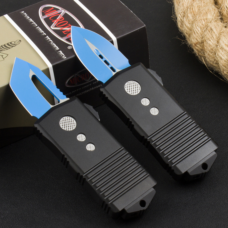 Microtech Mini Donut Exocet OTF Money Clip AUTO Knife 1.96" D2 Blue Blade, Aviation Aluminum Handles