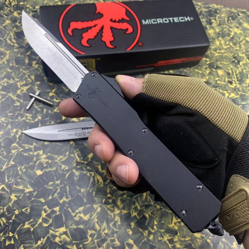Microtech Scarab II D/E OTF AUTO Knife 3.89" M390 Blade, Black Aviation Aluminum Handles
