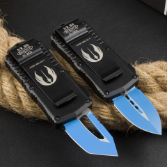 Microtech Mini Donut Exocet OTF Money Clip AUTO Knife 1.96" D2 Blue Blade, Aviation Aluminum Handles