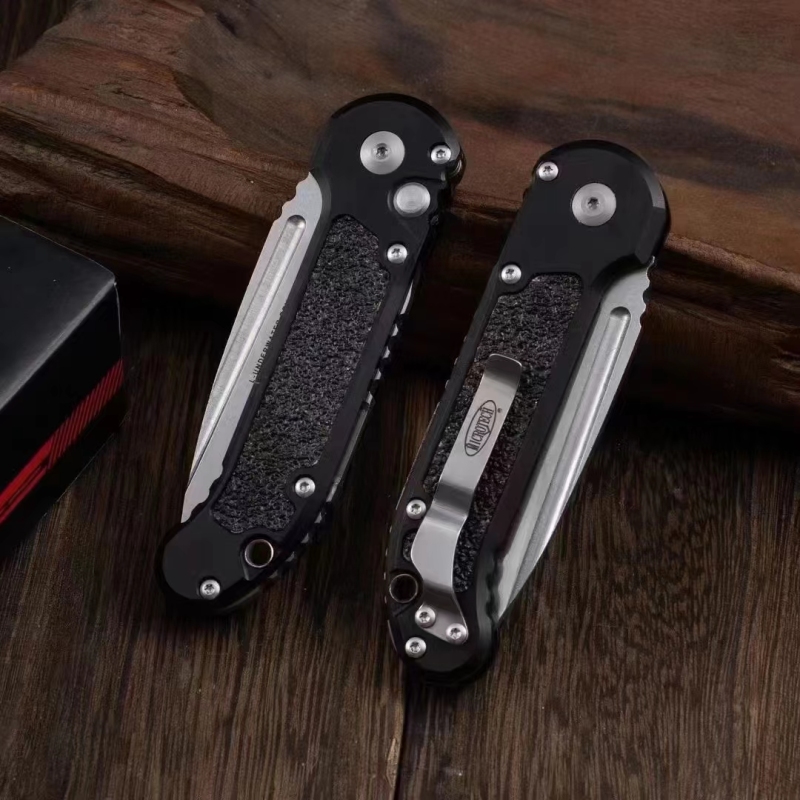 Microtech LUDT Gen III AUTO Folding Knife 3.22" M390MK Stonewashed Plain Blade, Black Aviation Aluminum Handles