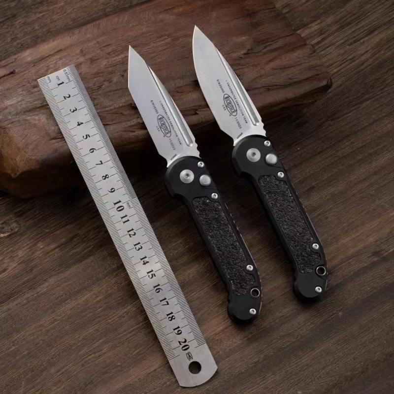 Microtech LUDT Gen III AUTO Folding Knife 3.22" M390MK Stonewashed Plain Blade, Black Aviation Aluminum Handles