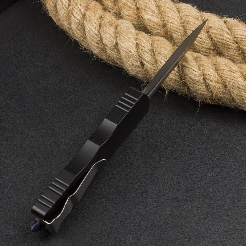 Microtech 225-10 Prototype AUTO OTF Knife 3.07" Damascus Dagger Blade, Black Aluminum Handles