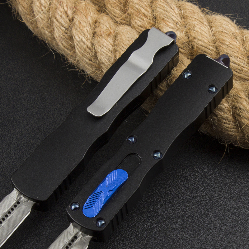 Microtech 225-10 Prototype AUTO OTF Knife 3.07" Damascus Dagger Blade, Black Aluminum Handles