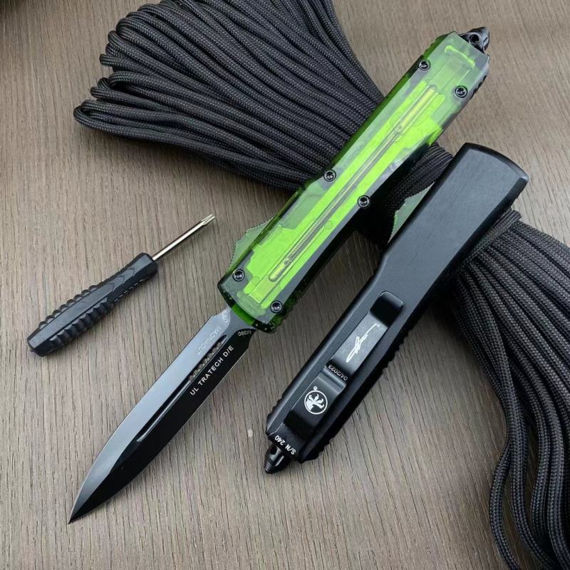 Microtech Green UTX-70 Ultratech OTF AUTO Knife 3.34" M390 Plain Blade, Acrylic+Aluminum Alloy Handles