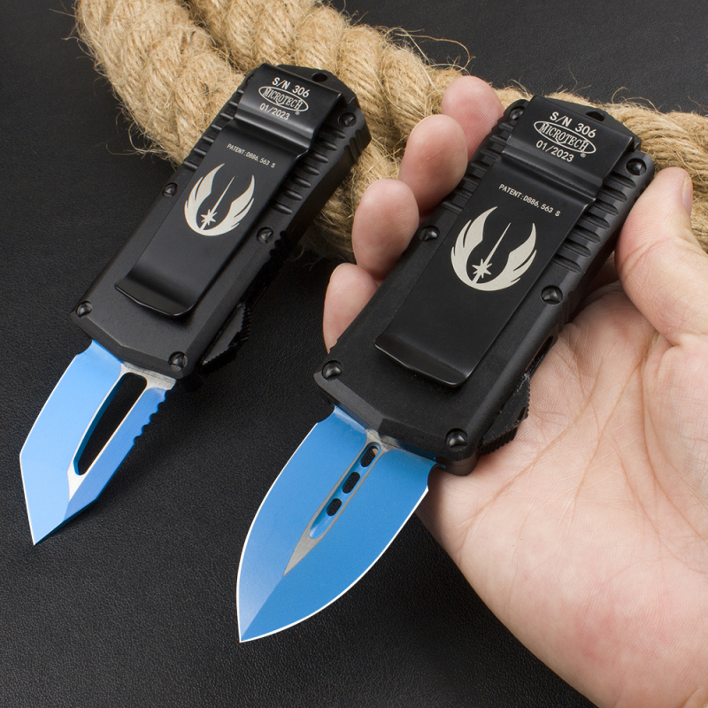 Microtech Mini Donut Exocet OTF Money Clip AUTO Knife 1.96" D2 Blue Blade, Aviation Aluminum Handles