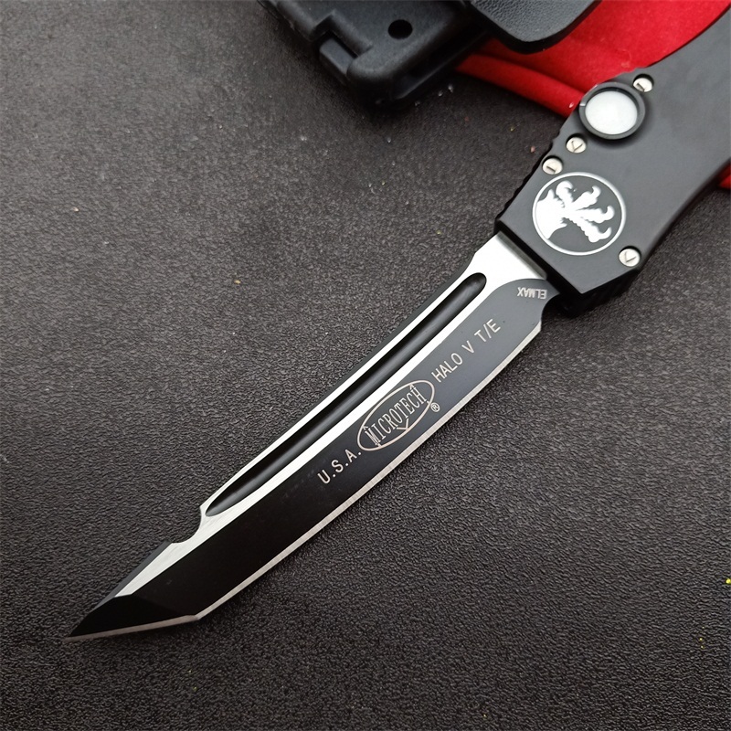 Microtech Customs Marfione Halo V OTF AUTO Knife 4.17" Black ELmax Blade, Aluminum Alloy Handles