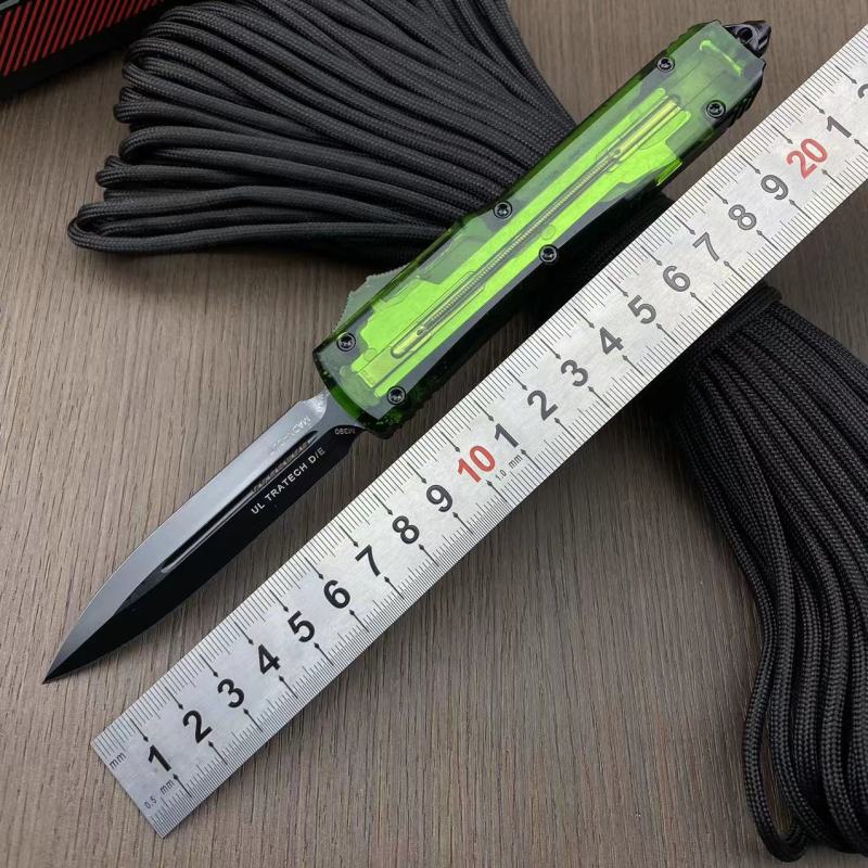 Microtech Green UTX-70 Ultratech OTF AUTO Knife 3.34" M390 Plain Blade, Acrylic+Aluminum Alloy Handles