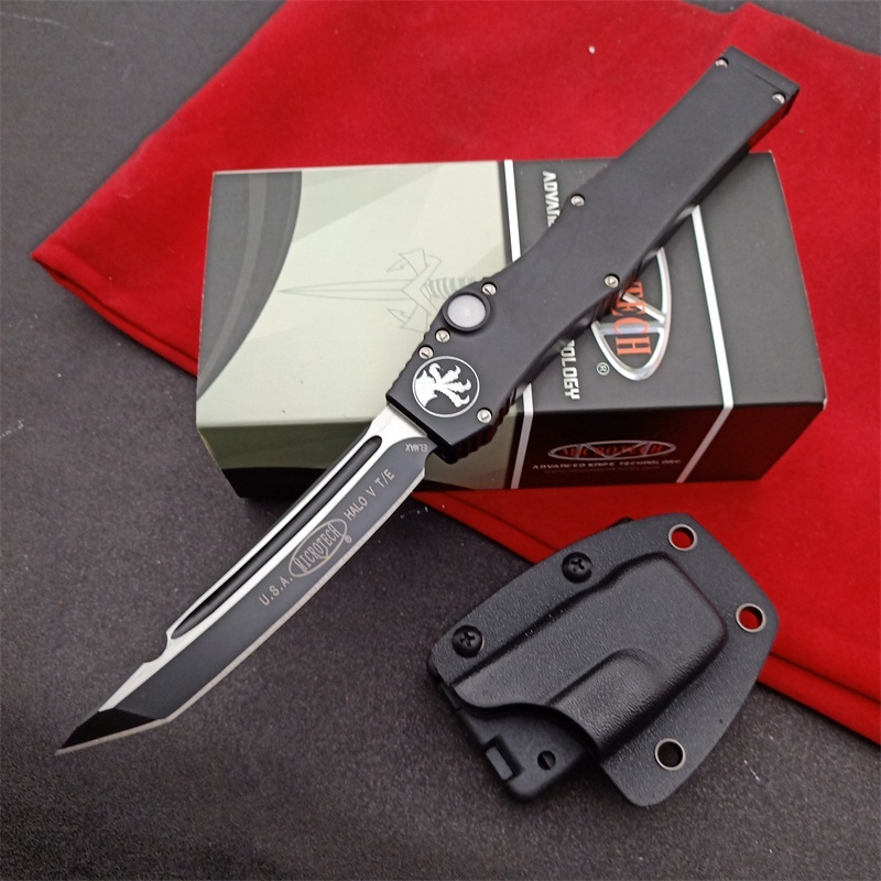 Microtech Customs Marfione Halo V OTF AUTO Knife 4.17" Black ELmax Blade, Aluminum Alloy Handles