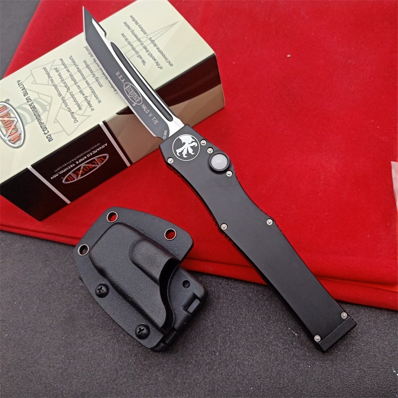 Microtech Customs Marfione Halo V OTF AUTO Knife 4.17" Black ELmax Blade, Aluminum Alloy Handles
