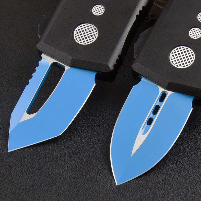 Microtech Mini Donut Exocet OTF Money Clip AUTO Knife 1.96" D2 Blue Blade, Aviation Aluminum Handles