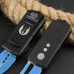 Microtech Mini Donut Exocet OTF Money Clip AUTO Knife 1.96" D2 Blue Blade, Aviation Aluminum Handles