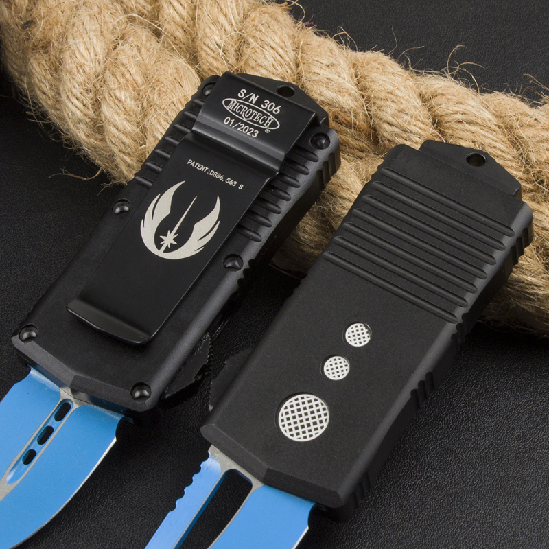 Microtech Mini Donut Exocet OTF Money Clip AUTO Knife 1.96" D2 Blue Blade, Aviation Aluminum Handles