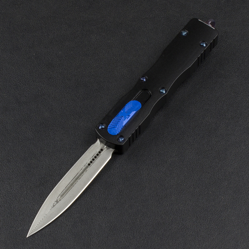 Microtech 225-10 Prototype AUTO OTF Knife 3.07" Damascus Dagger Blade, Black Aluminum Handles