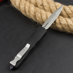 Microtech 225-10 Prototype AUTO OTF Knife 3.07" Damascus Dagger Blade, Black Aluminum Handles