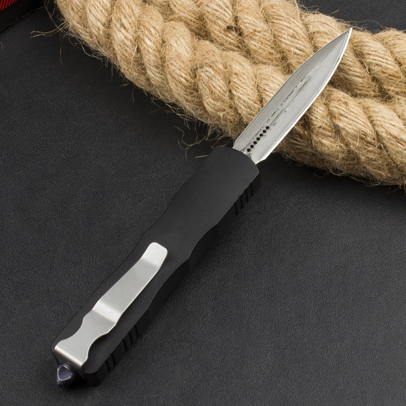 Microtech 225-10 Prototype AUTO OTF Knife 3.07" Damascus Dagger Blade, Black Aluminum Handles