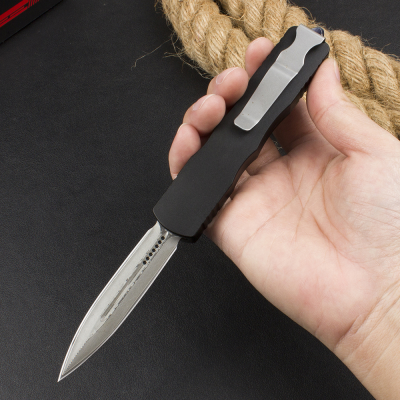 Microtech 225-10 Prototype AUTO OTF Knife 3.07" Damascus Dagger Blade, Black Aluminum Handles