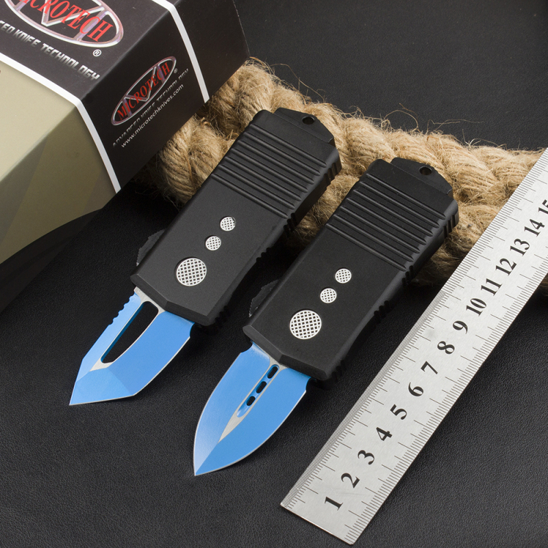 Microtech Mini Donut Exocet OTF Money Clip AUTO Knife 1.96" D2 Blue Blade, Aviation Aluminum Handles