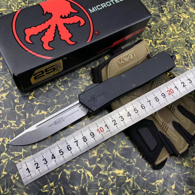 Microtech Scarab II D/E OTF AUTO Knife 3.89" M390 Blade, Black Aviation Aluminum Handles