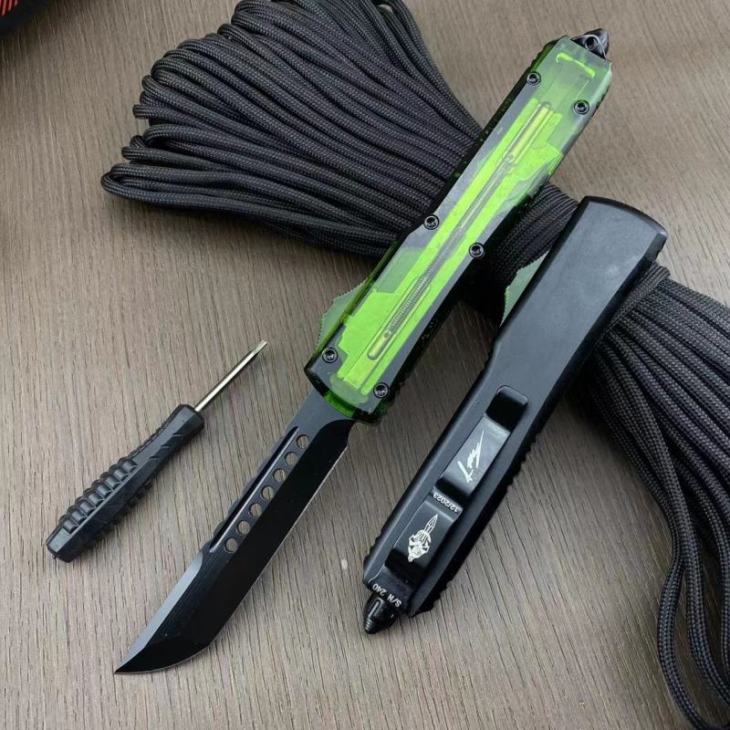 Microtech Green UTX-70 Ultratech OTF AUTO Knife 3.34" M390 Plain Blade, Acrylic+Aluminum Alloy Handles