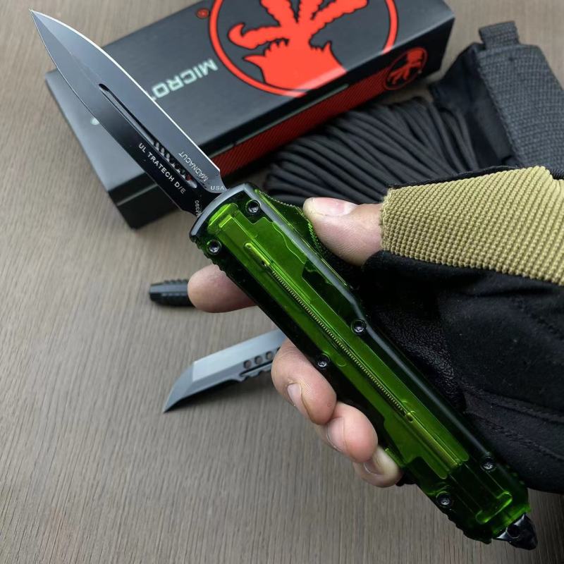 Microtech Green UTX-70 Ultratech OTF AUTO Knife 3.34" M390 Plain Blade, Acrylic+Aluminum Alloy Handles