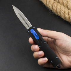 Microtech 225-10 Prototype AUTO OTF Knife 3.07" Damascus Dagger Blade, Black Aluminum Handles