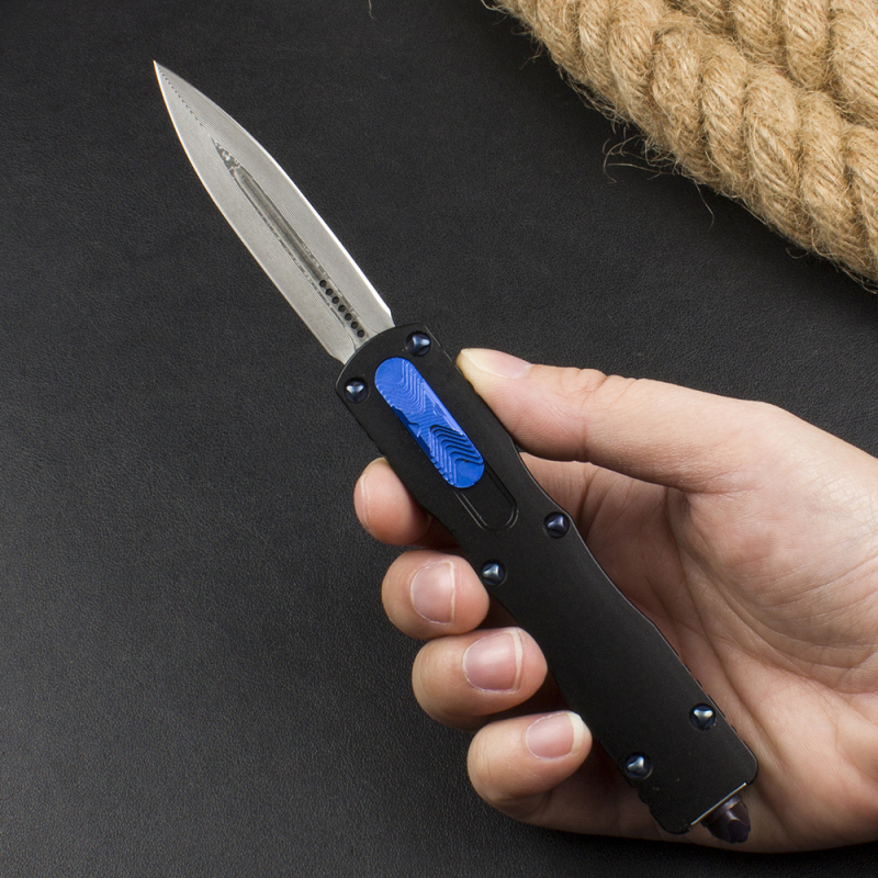 Microtech 225-10 Prototype AUTO OTF Knife 3.07" Damascus Dagger Blade, Black Aluminum Handles