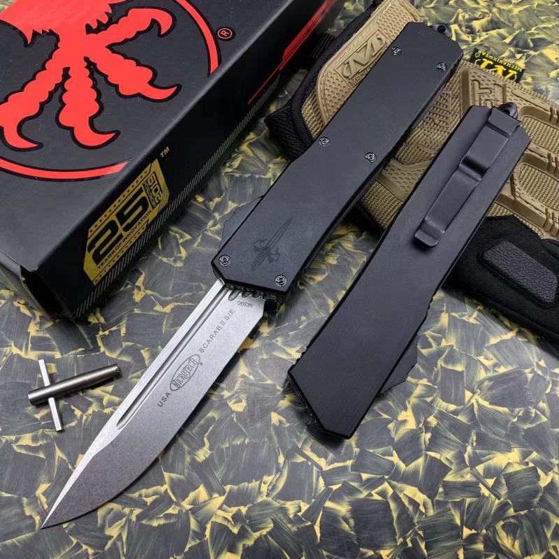Microtech Scarab II D/E OTF AUTO Knife 3.89" M390 Blade, Black Aviation Aluminum Handles