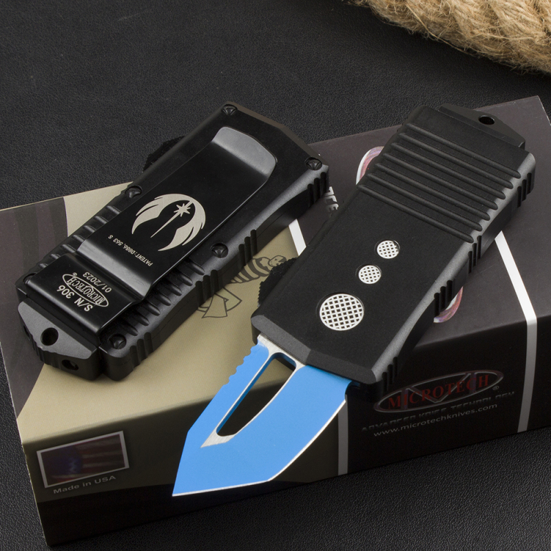 Microtech Mini Donut Exocet OTF Money Clip AUTO Knife 1.96" D2 Blue Blade, Aviation Aluminum Handles
