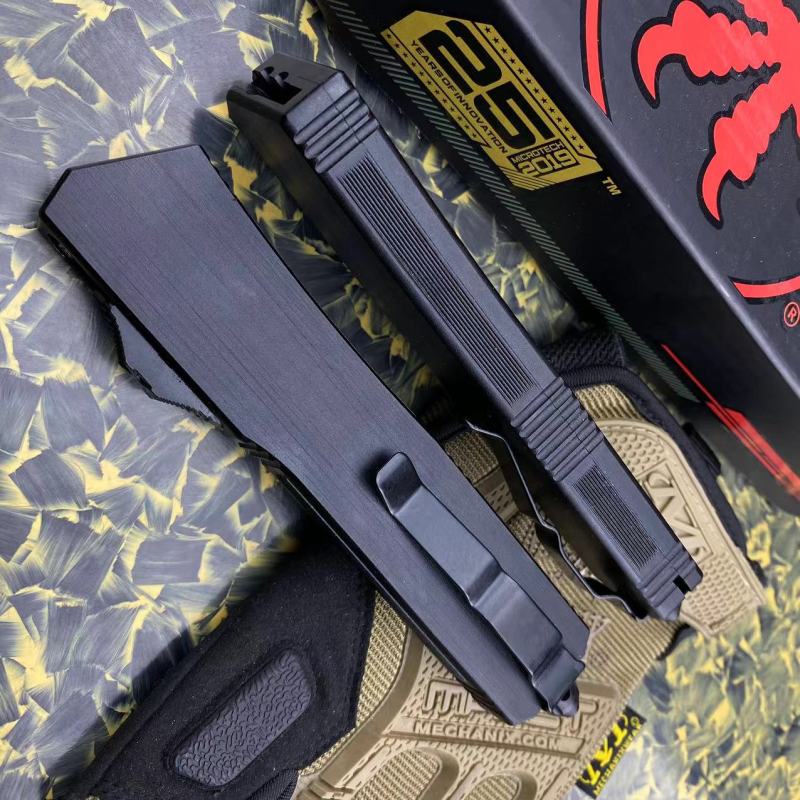 Microtech Scarab II D/E OTF AUTO Knife 3.89" M390 Blade, Black Aviation Aluminum Handles