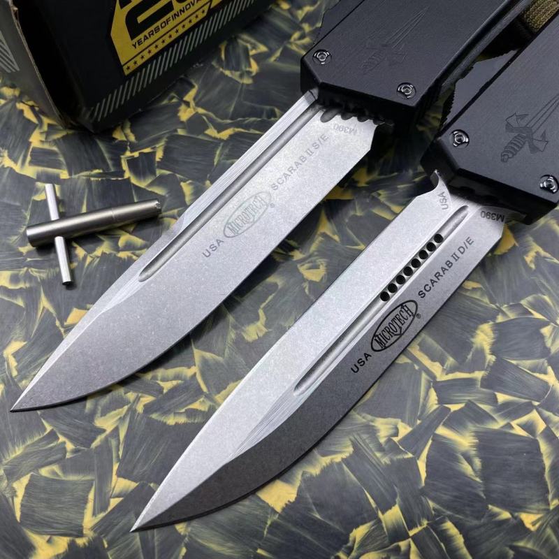 Microtech Scarab II D/E OTF AUTO Knife 3.89" M390 Blade, Black Aviation Aluminum Handles
