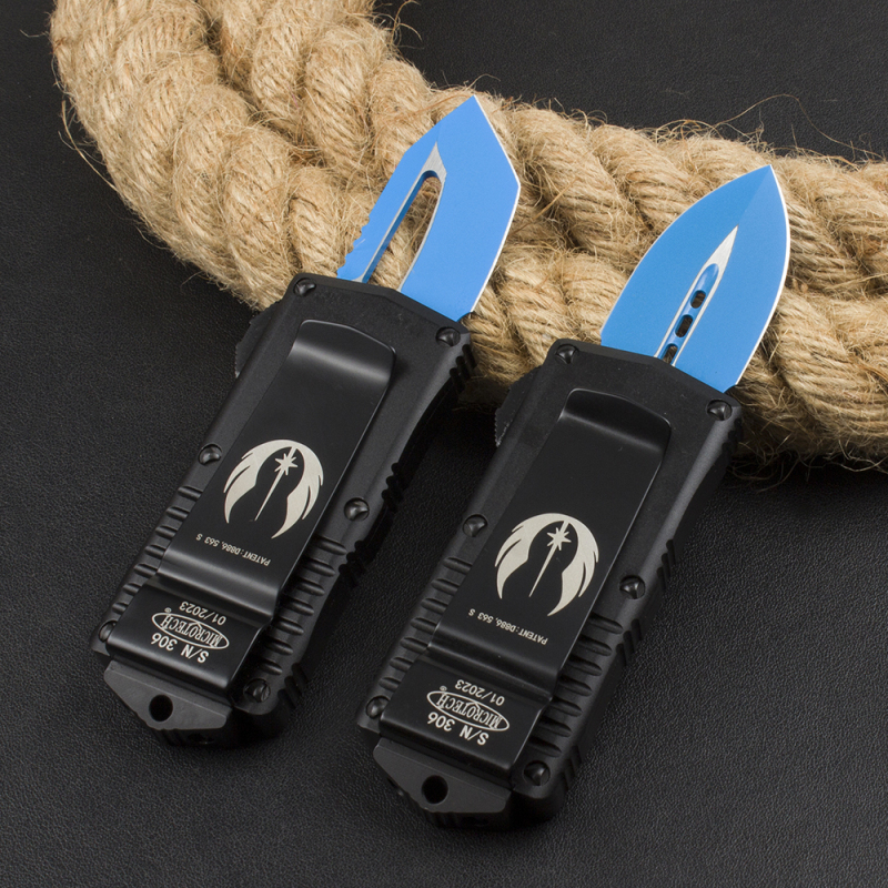 Microtech Mini Donut Exocet OTF Money Clip AUTO Knife 1.96" D2 Blue Blade, Aviation Aluminum Handles