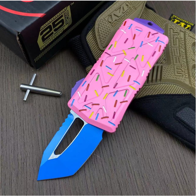 Microtech Mini Donut Exocet OTF Money Clip AUTO Knife 1.96" D2 Blade, Aviation Aluminum Handles