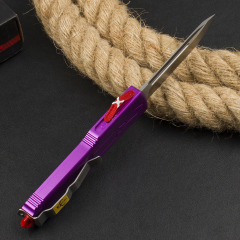 Microtech Purple UTX-70 AUTO OTF Knife 3.46" D2 Point Plain Blade, Aviation Aluminum Handles