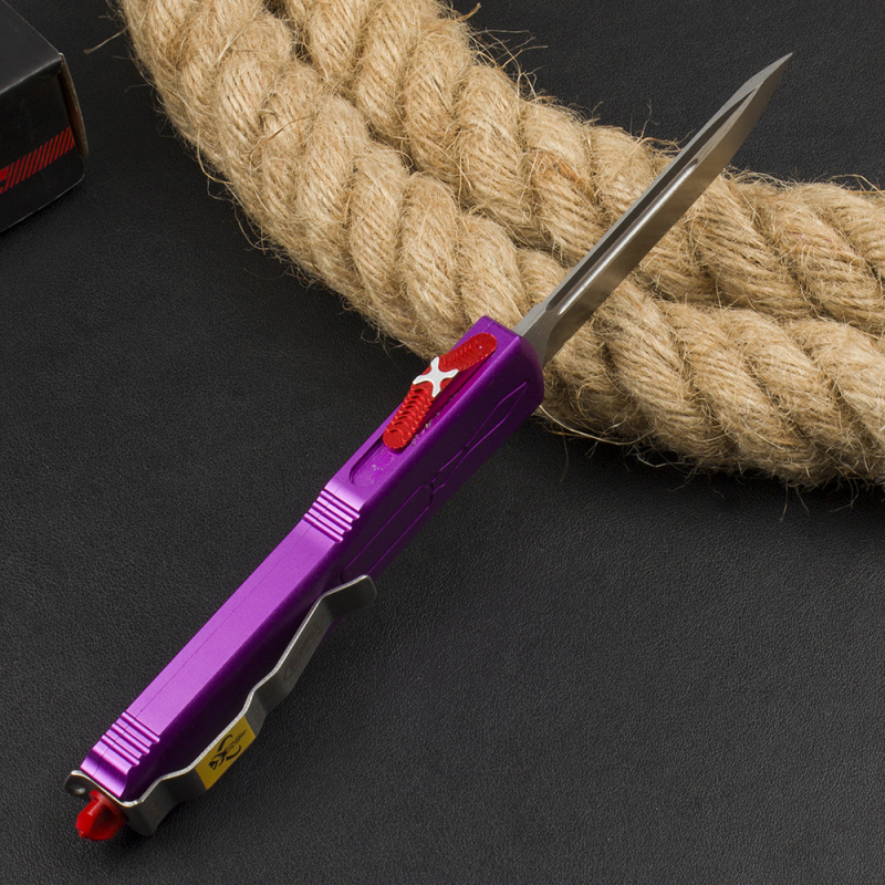 Microtech Purple UTX-70 AUTO OTF Knife 3.46" D2 Point Plain Blade, Aviation Aluminum Handles