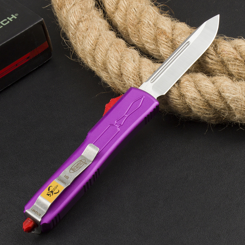 Microtech Purple UTX-70 AUTO OTF Knife 3.46" D2 Point Plain Blade, Aviation Aluminum Handles