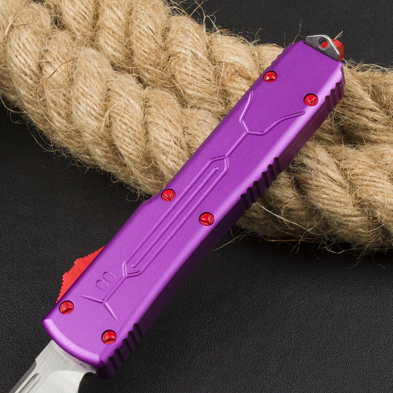 Microtech Purple UTX-70 AUTO OTF Knife 3.46" D2 Point Plain Blade, Aviation Aluminum Handles