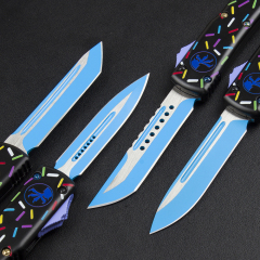 Microtech Black Donut UTX-70 AUTO OTF Knife 3.34" 440C Plain Blade, Zinc Alloy Handles